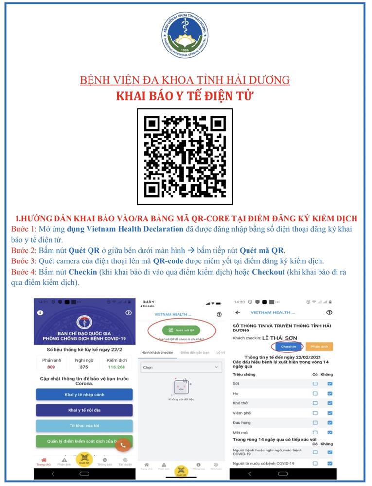 THỰC HIỆN ĐĂNG KÝ THÔNG TIN ĐIỂM KIỂM DỊCH VÀ KHAI BÁO ĐIỆN TỬ THÔNG QUA QUÉT QR-CODE TẠI BỆNH VIỆN ĐA KHOA TỈNH HẢI DƯƠNG